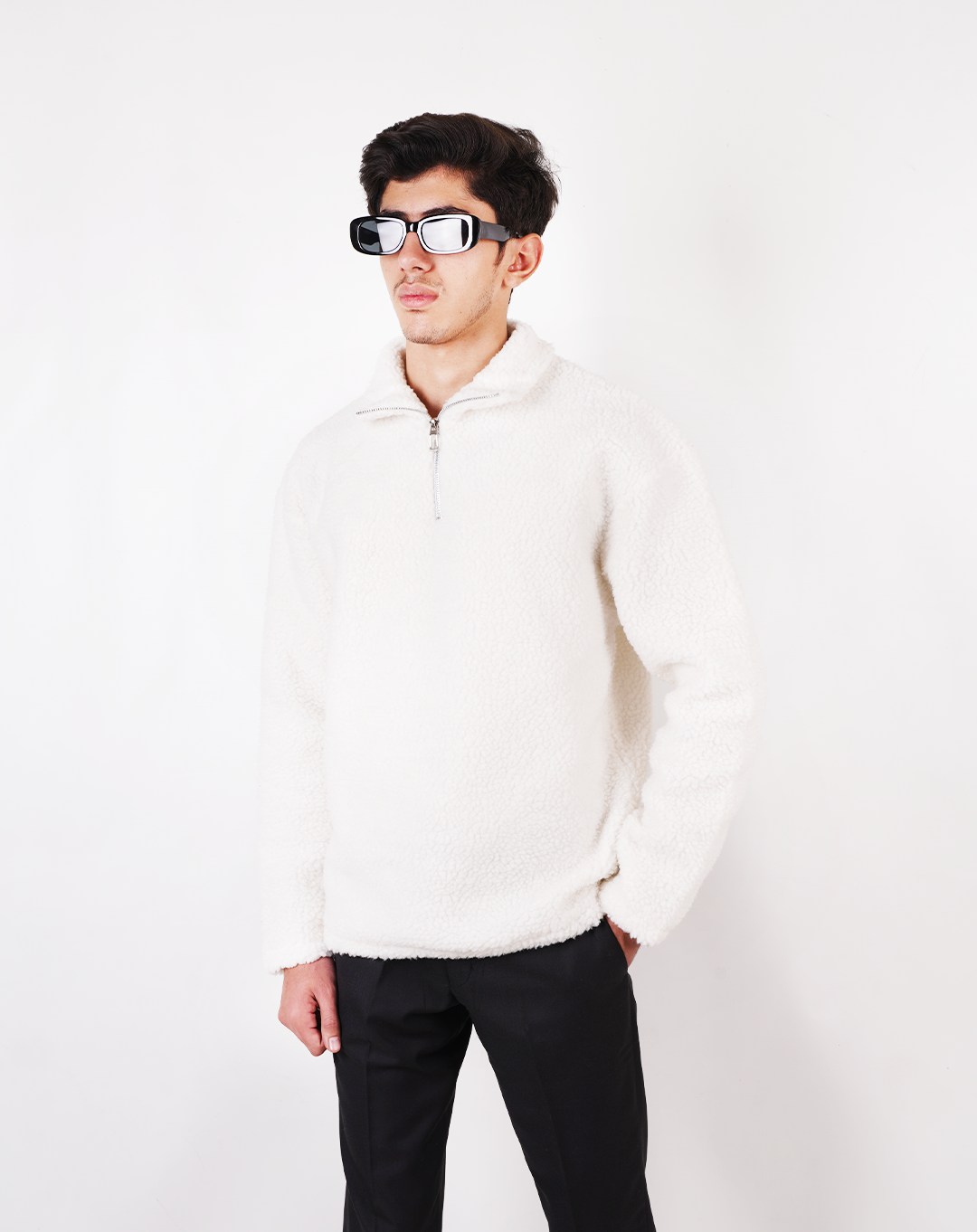 White Sherpa Fur Mock Neck